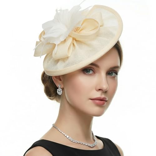 DRESHOW Fascinators Hat Feather Headband Women's Fascinators Tea Party Headwear with Clip Flower Head Band for Girls & Women - color: Medium Size: Apricot Beige Cream