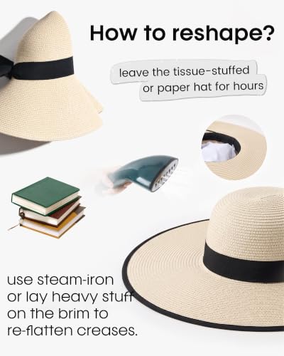 FURTALK Womens Sun Straw Hat Wide Brim Floppy Summer Beach Hats for Women - color: Beige With Black Brim, size: Large-X-Large
