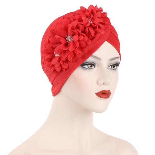 Flower Pre-Tied Turban Beanie, Soft Chemo Cap for Women Cancer Hair Loss - color: Red
