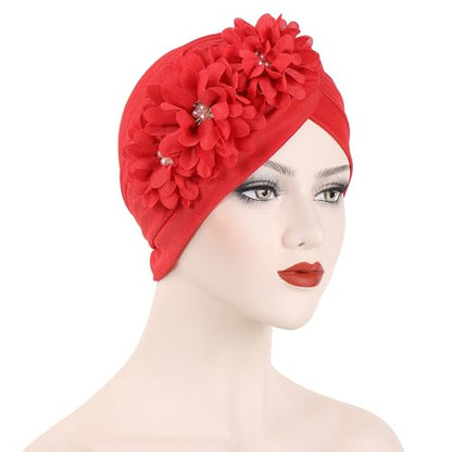 Flower Pre-Tied Turban Beanie, Soft Chemo Cap for Women Cancer Hair Loss - color: Red