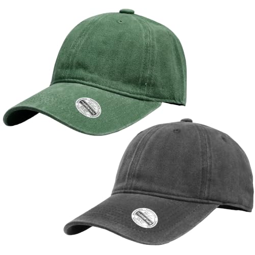Falari Vintage Washed Cotton Baseball Caps, Original Classic Adjustable Size Low Profile Unconstructed Distressed Dad Hat - color: 2pk - Black & Green