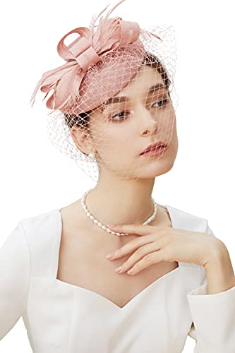 BABEYOND Fascinators Hats for Women Pillbox Veil Tea Party Derby Headband - color: Nude Pink
