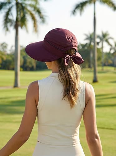 2-in-1 Women’s Sun Visor Sun Hat Zipper Off Ponytail Friendly, Lightweight Quick Dry, Summer UV Protection - color: Burgundy