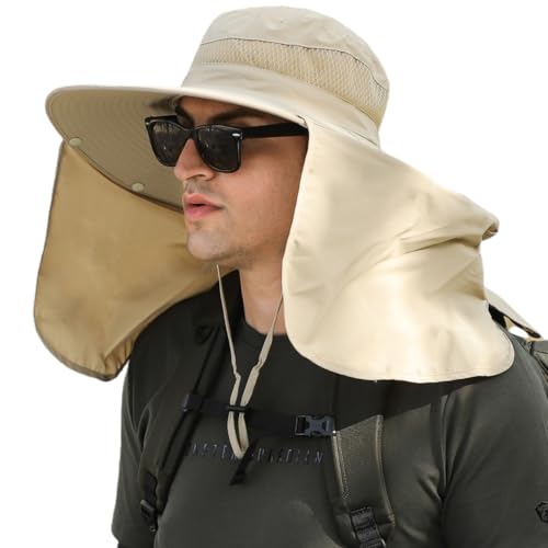 HUAMULAN Women Wide Brim Summer Sun Hat Ponytail Hole with Neck Flap - color: Beige