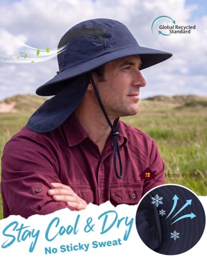 Home Prefer UPF 50+ Sun Hat with Neck Flap Wide Brim Fishing Hat for Men - color: Navy Blue