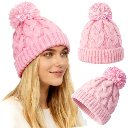 Slouchy Chunky Knit Beanie with Pom Pom - Cozy Winter Bobble Hat for Women and Men - color: Light Pink