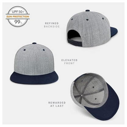 CHOK.LIDS Classic Snapback Flat Bill Hat Blank Adjustable Baseball Cap - color: Heather Grey/Navy