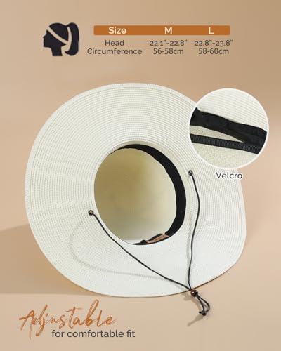 Womens Floppy Straw Sun Hat Wide Brim UPF 50 Sun Protection Packable Summer Beach Hats with Wind Lanyard - color: Ivory, size: Medium