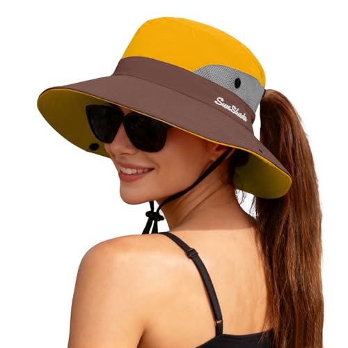 ZOORON Women's Ponytail Safari Sun Hat,Wide Brim UV Protection Bucket Hat - color: 1-yellow