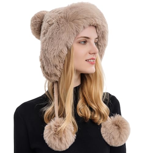 HUAMULAN Women Winter Sherpa Knit Beanie Hats Fleece Lined Ear Flaps - color: Khaki Solid