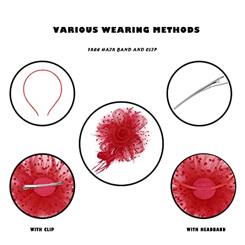 Century Star 2026 Kentucky Hat Derby Fascinator for Women Tea Party Flower Mesh Ribbons Feathers Headband Hair Clips - color: Red