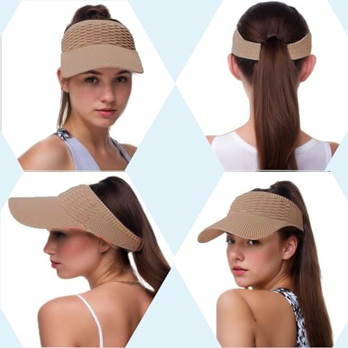 Sun Visor Hats, Wide Brim Sun Hats with UV Protection, Knitted Running Visors for Women - Ponytail Friendly, Quick Drying - color: Khaki
