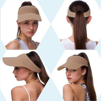 Sun Visor Hats, Wide Brim Sun Hats with UV Protection, Knitted Running Visors for Women - Ponytail Friendly, Quick Drying - color: Khaki