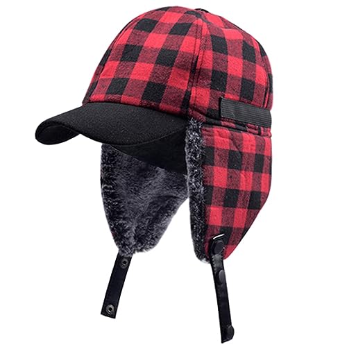 Winter Buffalo Plaid Trapper Hat Hunting hat Sherpa Ear Flaps Hunter Cap Black and Red