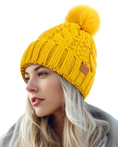 Women's Winter Pompom Beanie Warm and Cozy Knit Hat Fleece Lining Skull Cap for Women - color: Yellow