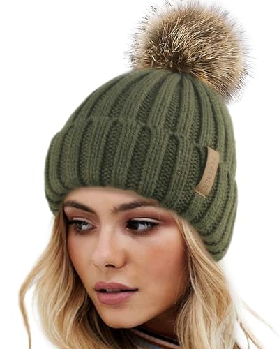 FURTALK Womens Winter Knitted Beanie Hat with Faux Fur Pom Warm Knit Skull Cap Beanie for Women - color: Pine Green