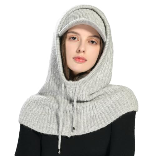 jaxmonoy Winter Knit Balaclava Beanie Hats and Scarf Set for Women - color: Light Grey