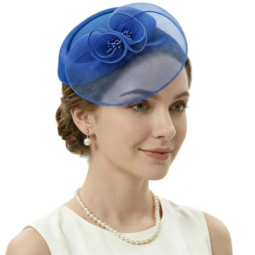 DRESHOW Fascinator Hats for Women Cocktail Tea Party Hat Netted Pillbox Hat Vintage Derby Hats for Bridal Wedding - color: Pillbox Hat: Dark Blue