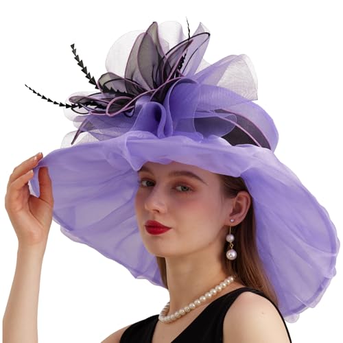 Women Organza Church Derby Hat Wide Brim Sun Caps for Wedding Tea Party Hat with Detachable hat Flower as Headgear - color: 10-purple