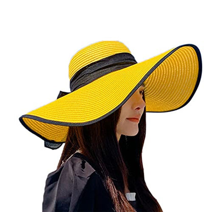AQOKKA Beach Hats for Women Men Big Straw Wide Brim Summer Hat Floppy Foldable Roll up Cap for Beach Outdoor UPF 50+ - color: 1 Pack: Bow Knot Yellow