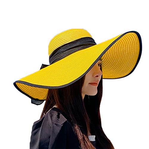 AQOKKA Beach Hats for Women Men Big Straw Wide Brim Summer Hat Floppy Foldable Roll up Cap for Beach Outdoor UPF 50+ - color: 1 Pack: Bow Knot Yellow