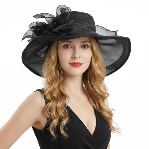 Tea Party Hats for Women Wide Brim Organza Fascinators Hats Elegant Sun Hat for Wedding Cocktail Tea Party Dresses - color: Black