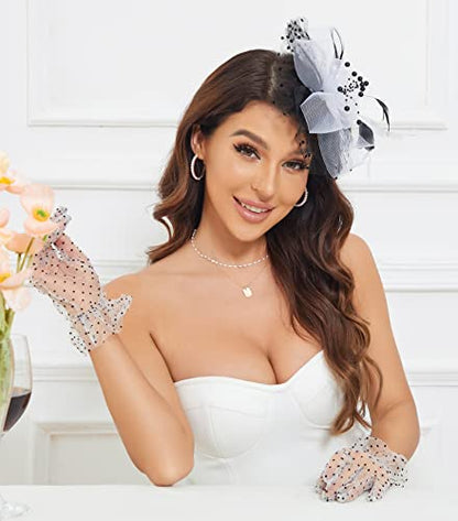 Fascinators Hat Clip Hat Wedding Cocktail Tea Party Headwear and Short Lace Bowknot Gloves for Women - color: Black & White