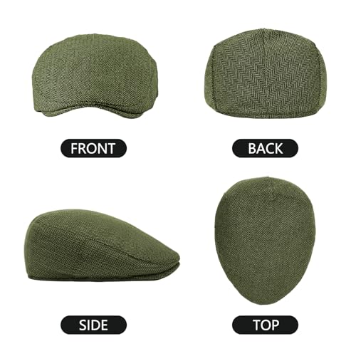 meioro Herringbone Flat Ivy Newsboy Cap for Men Classic Tweed Newsboy Hat Wool Blend Flat Cap Gatsby Cabbie Hats Ivy Caps - color: Green
