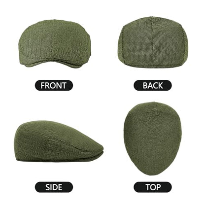 meioro Herringbone Flat Ivy Newsboy Cap for Men Classic Tweed Newsboy Hat Wool Blend Flat Cap Gatsby Cabbie Hats Ivy Caps - color: Green