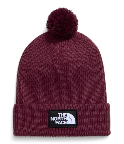 THE NORTH FACE TNF Logo Box Pom Beanie | Classic Fit, Cuffed Winter Hat for Men & Women, Soft Rib Knit Fabric & Woven Logo - color: Burgundy Crush
