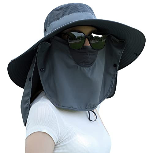 Women Wide Brim Face Mask Sun Hat Detachable Neck Face Flap Ponytail UV Protection Visor Hat Garden Fishing Hiking - color: Hyp008-darkgray