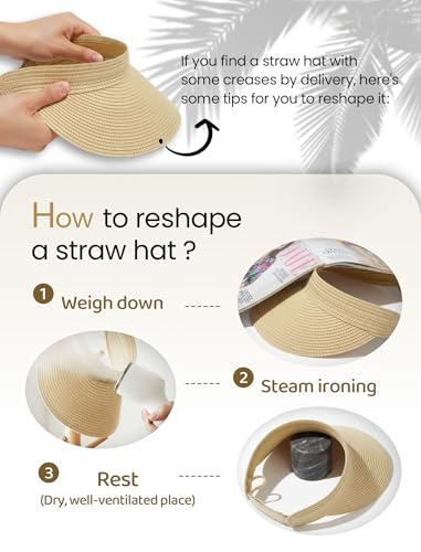 CHUNG Women Visor Sun Hat Paper Straw Wide Brim Adjutable Ponytail Packable Beach Holiday Summer Travel - color: V-light Grey