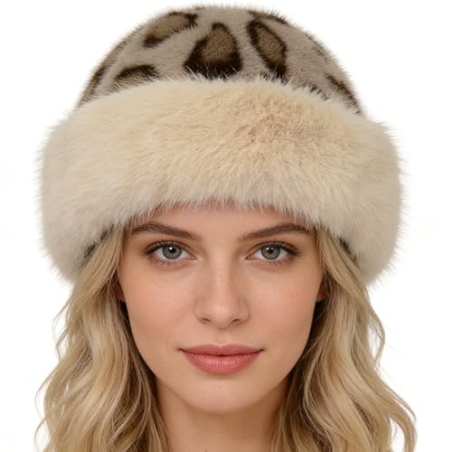 Winter Faux Fur Bucket Hat for Women, Cozy Leopard Print Cheetah Fuzzy Hat