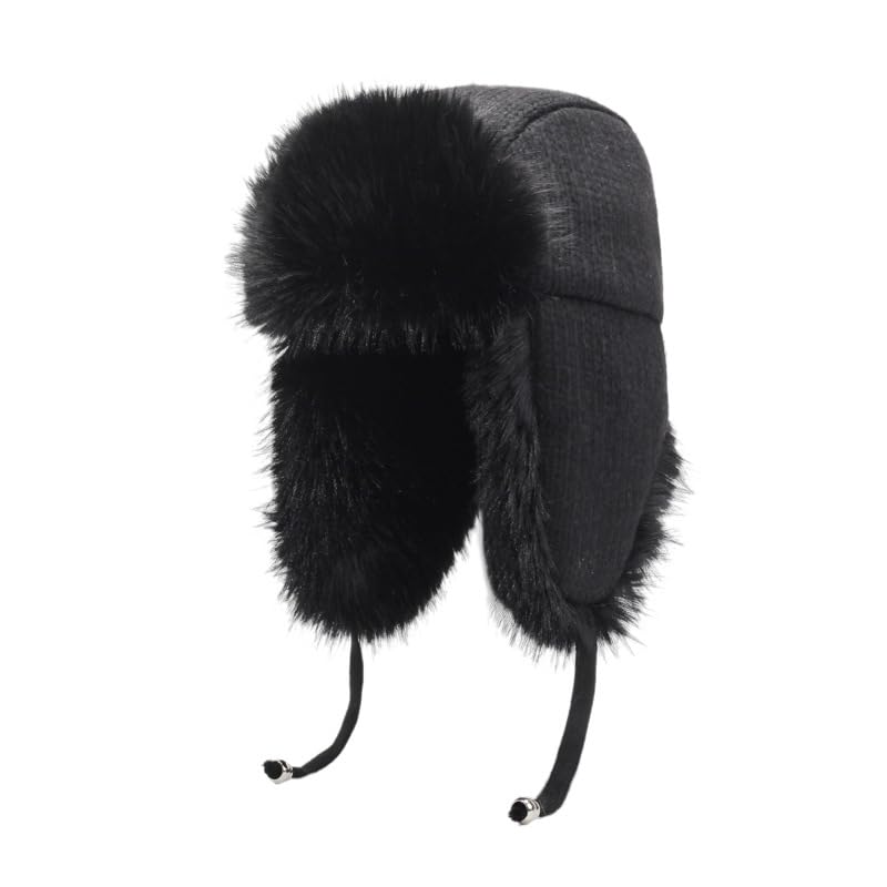 Winter Fuzzy Knit Trapper Hat with Faux Fur Earflap Fleece Lined Windproof Russian Ushanka Cap Ski Snow Hunting Hat - color: Black
