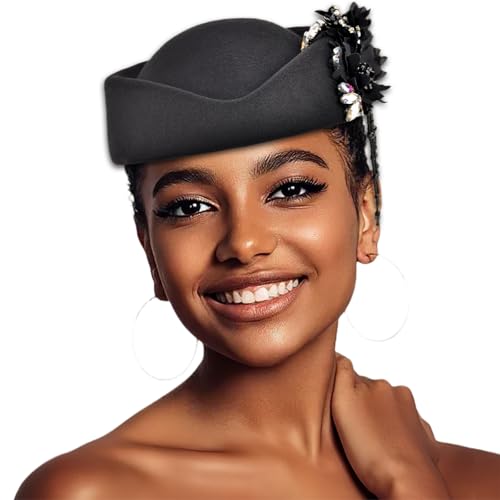 Women's Retro Stewardess Felt Hat, British Berets, Rhinestone Flower Decor, Ladies' Church Derby Hat - color: Tassel Style-black