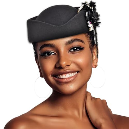 Women's Retro Stewardess Felt Hat, British Berets, Rhinestone Flower Decor, Ladies' Church Derby Hat - color: Tassel Style-black