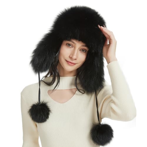 Women Real Fur Trapper Hat Sheepskin Leather Aviator Hat Ear Flaps Ushanka Hat Snow Hat with Pom Pom - color: Black