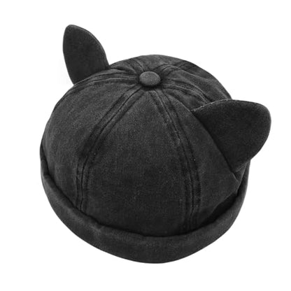 Cute Cat Ear Beanie Hats for Women Men Washed Cotton Brimless Docker Cap Retro Rolled Cuff Skull Cap - color: Black Gray