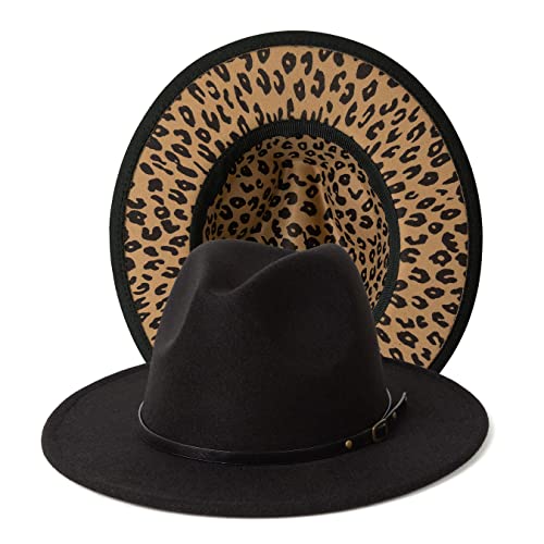 Women Two Tone Wide Brim Fedora Felt Panama Hat - color: A Black/Leopard