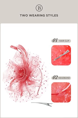 BABEYOND Fascinators Hats for Women Tea Party Flower Tulle Bead Derby Hat - color: Watermelon Red