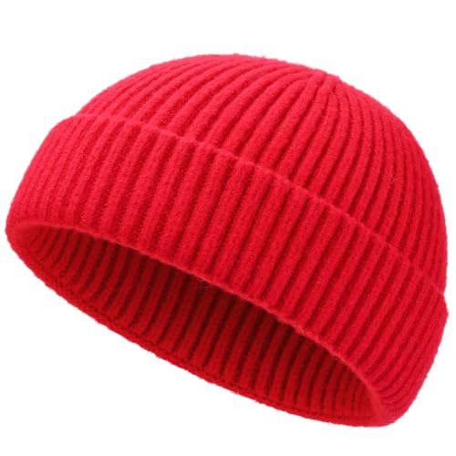 Short Fisherman Beanie for Men Women Wool Knit Cuff Winter Hats - color: 1pcs-red