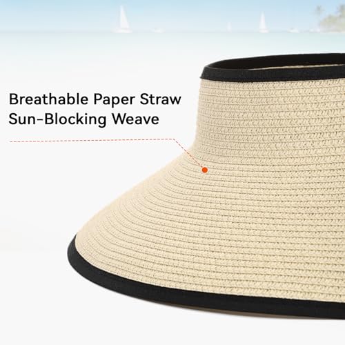 Beach Sun Hats for Women Sun Visors Wide Brim Foldable Straw Hats Packable for Travel Vacation - color: Beige