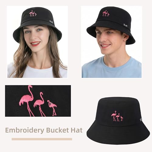 ZLYC Cotton Bucket Hat for Women Men Embroidered Packable Summer Sun Cap - color: Black Flamingo