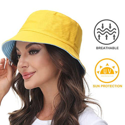 Women Reversible Bucket Hat, Summer Sun Hat for Women - color: Skyblue- Yellow
