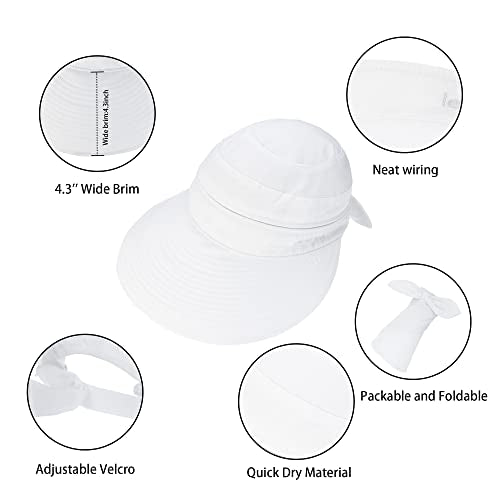 Womens Large Brim Sun Hat Uv Protection 2 in 1 Zip-Off Sun Protection Visor Beach Hat Packbale Foldable - color: White