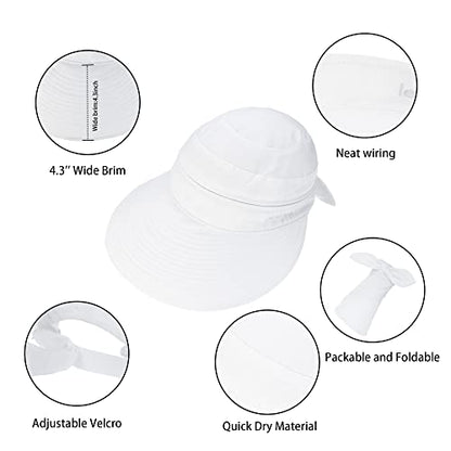 Womens Large Brim Sun Hat Uv Protection 2 in 1 Zip-Off Sun Protection Visor Beach Hat Packbale Foldable - color: White