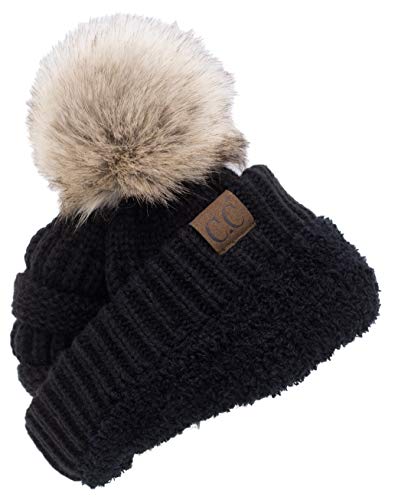 C.C Trendy Fuzzy Fleece Lined Warm Comfortable Soft Stretch Cable Knit Ribbed Faux Fur Pom Pom Beanie Hat - color: Black
