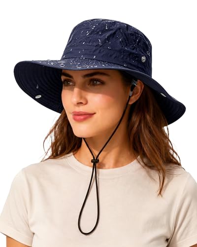 Wide Brim Waterproof Bucket Rain Hat for Women Men UPF50+ Cowboy Sun Hat - color: Navy Blue