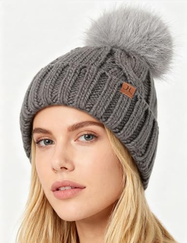 DS DADOU&XIAOSHAN Winter Hats for Women, Fleece Lined Beanie with Pom Pom, Girls Womens Knit Hat Beanies Toboggan - color: Dark Gray