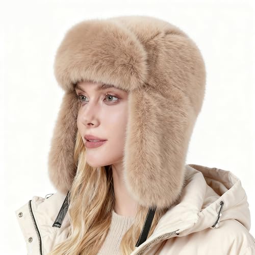 Trapper Hat with Ear Flaps - Winter Russian-Style Fur Pilot Ushanka, Windproof Skiing for Men & Women - color: Khaki02